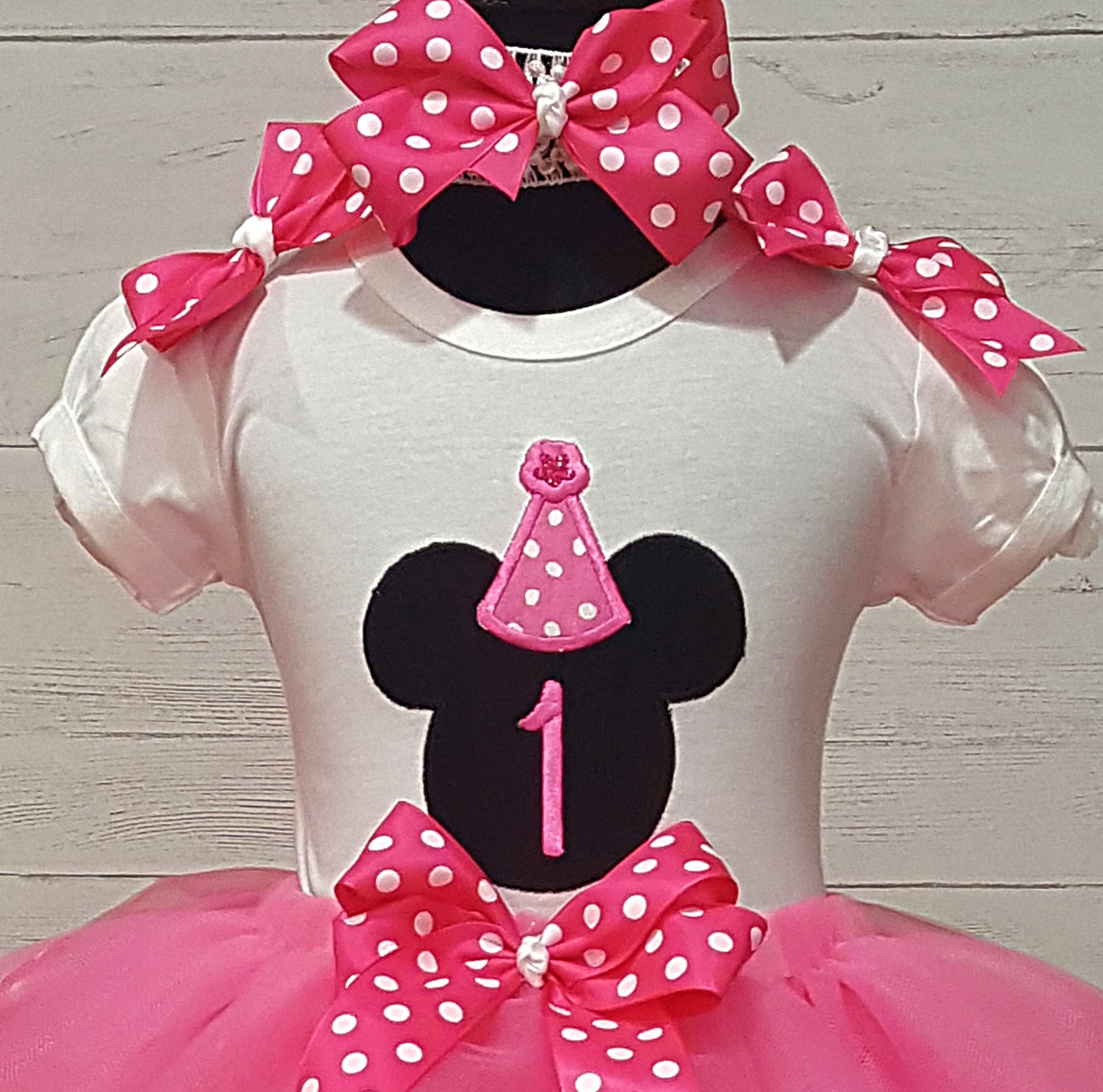 Personalized Baby Minnie Mouse First Birthday Ribbon Trim Tutu Outfit 12,18,24 M 