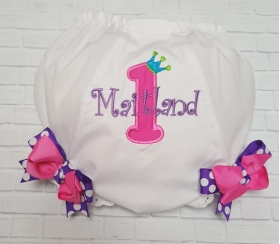 Birthday Princess Applique Personalized Diaper Cover Bloomers w/ Pink & Purple Bows