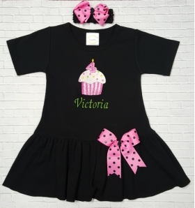 Personalized Cupcake Birthday Pink or Black Dress & Bow