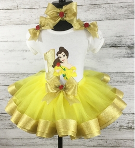 Belle "Beauty & The Beast Yellow & Gold 3 Pc. Personalized Ribbon Tutu Set