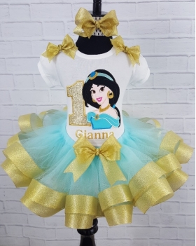 Jasmine Personalized Birthday Gold & Aqua Ribbon Tutu 3 Pc Set