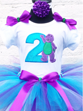 Barney Purple & Teal Glitter Birthday Tutu 3 Pc Personalized Set Age 1 2 3 4 5