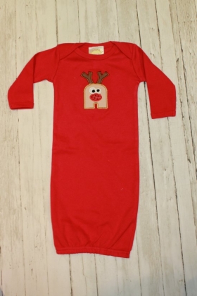 Layette Gown with Tan and Brown Fabric Applique and letter N and Reindeer Design