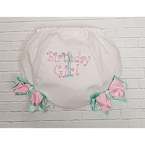 Birthday Girl Diaper Cover Personalized Bloomers with Aqua & Pink Boutique Bows
