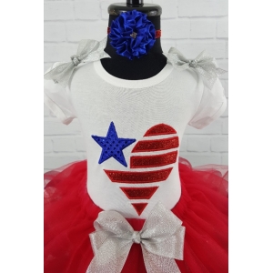Patriotic July 4th Red White Blue Glitter Ribbon Tutu Personalized Shirt Top and Headband 3 Piece Set