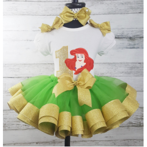 Ariel "Little Mermaid" Gold & Green Personalized Birthday 3 Piece Ribbon Tutu Set