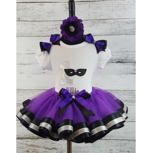 Masquerade Glitter Mask Mardi Gras Purple Black & Silver Personalized Birthday Ribbon Tutu 3 Piece Set